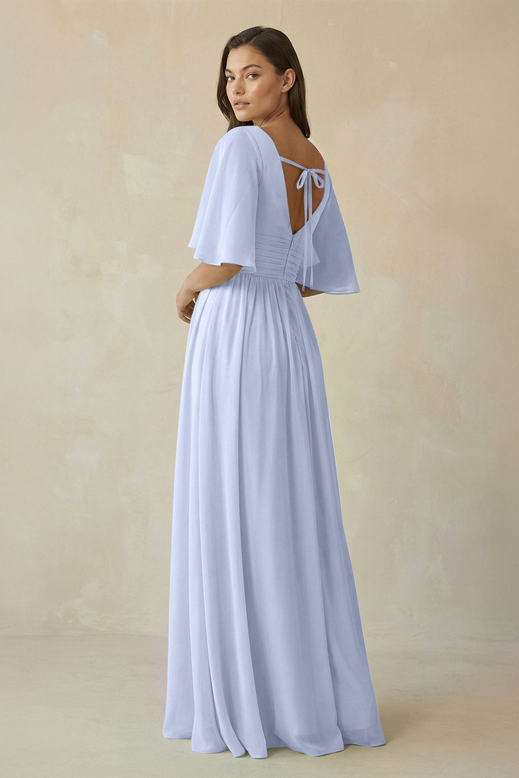 Half Sleeve V - Neck A - Line Chiffon Bridesmaid Gown in Ice - SHE IS ME Bridesmaid Dresses