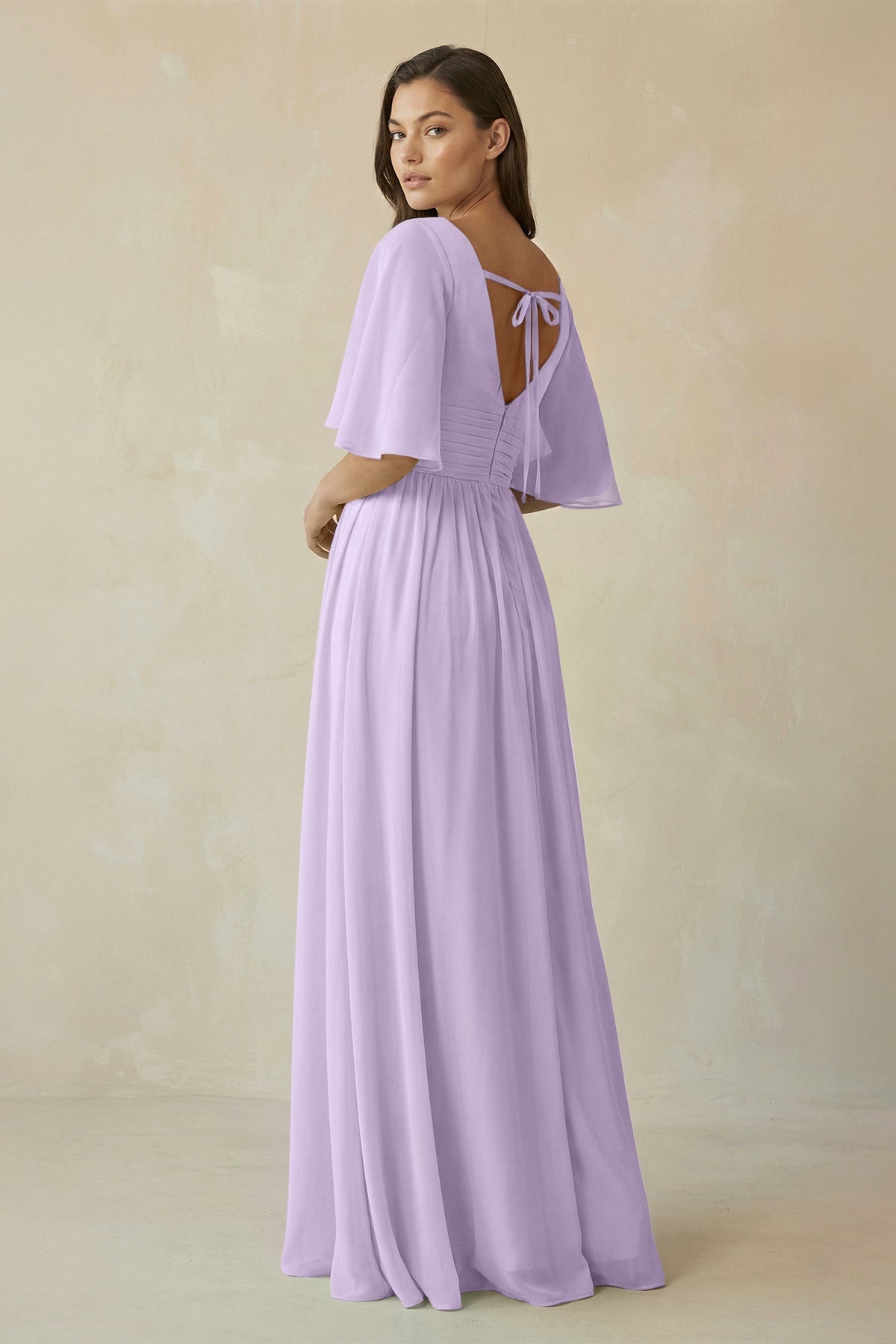 Half Sleeve V - Neck A - Line Chiffon Bridesmaid Gown in Lavender - SHE IS ME Bridesmaid Dresses