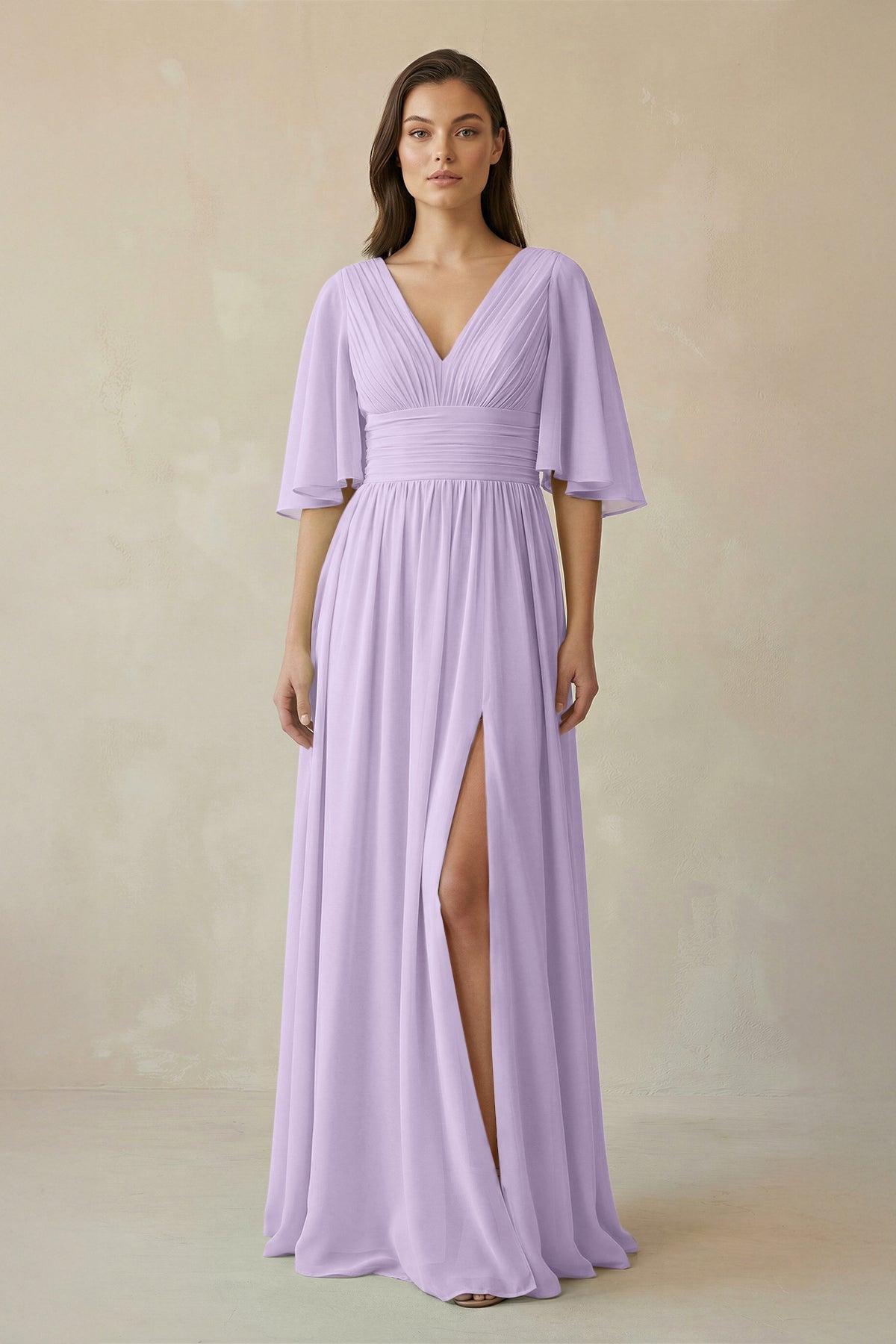Half Sleeve V - Neck A - Line Chiffon Bridesmaid Gown in Lavender - SHE IS ME Bridesmaid Dresses
