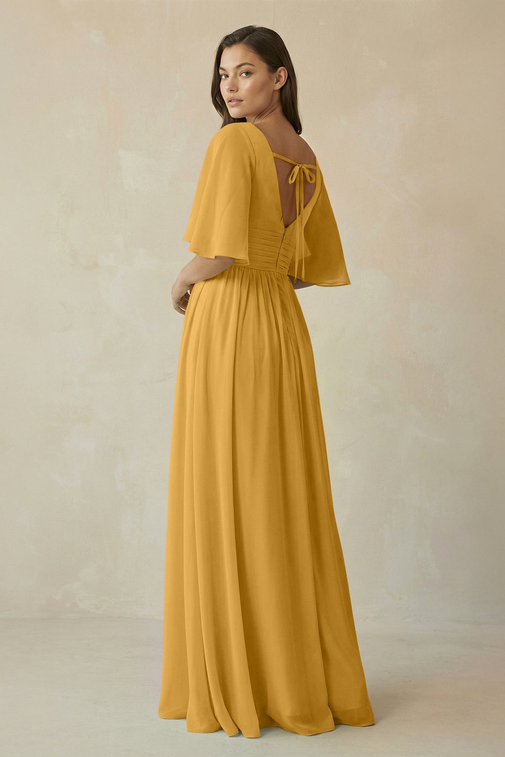 Half Sleeve V - Neck A - Line Chiffon Bridesmaid Gown in Marigold - SHE IS ME Bridesmaid Dresses