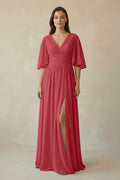 Half Sleeve V - Neck A - Line Chiffon Bridesmaid Gown in Merlot - SHE IS ME Bridesmaid Dresses