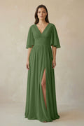 Half Sleeve V - Neck A - Line Chiffon Bridesmaid Gown in Moss - SHE IS ME Bridesmaid Dresses