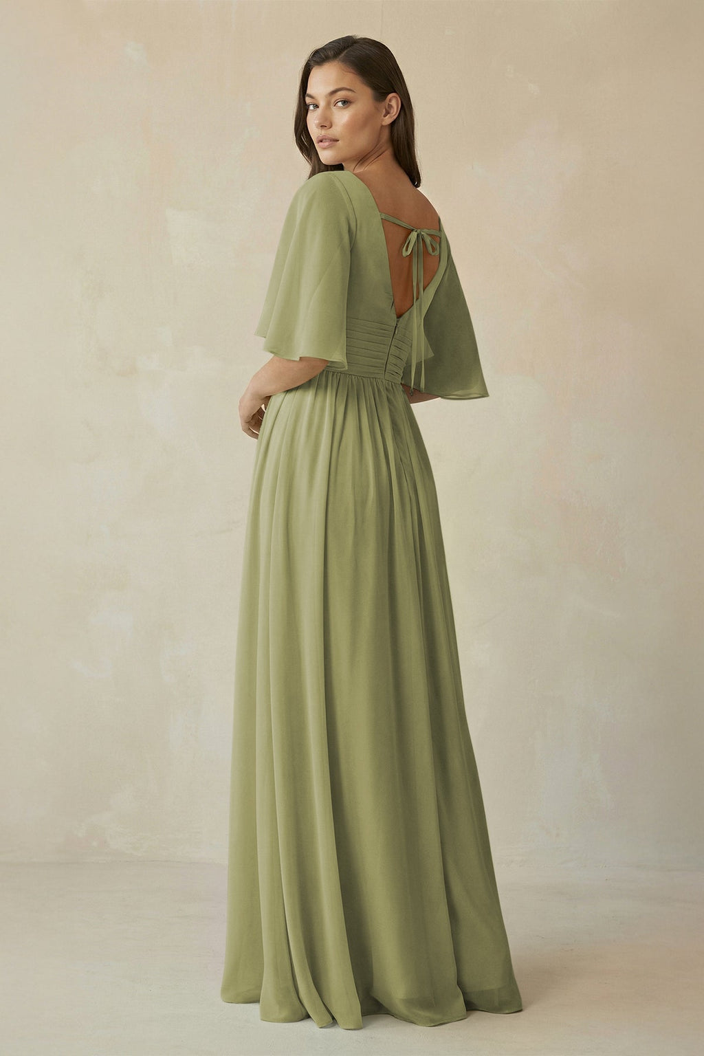 Half Sleeve V - Neck A - Line Chiffon Bridesmaid Gown in Moss Green - SHE IS ME Bridesmaid Dresses