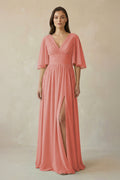 Half Sleeve V - Neck A - Line Chiffon Bridesmaid Gown in Mulberry - SHE IS ME Bridesmaid Dresses