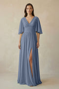 Half Sleeve V - Neck A - Line Chiffon Bridesmaid Gown in Neptune - SHE IS ME Bridesmaid Dresses