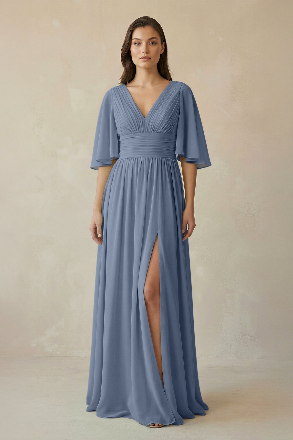Half Sleeve V - Neck A - Line Chiffon Bridesmaid Gown in Neptune - SHE IS ME Bridesmaid Dresses