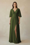 Half Sleeve V - Neck A - Line Chiffon Bridesmaid Gown in Olive - SHE IS ME Bridesmaid Dresses