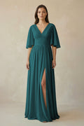 Half Sleeve V - Neck A - Line Chiffon Bridesmaid Gown in Pine - SHE IS ME Bridesmaid Dresses