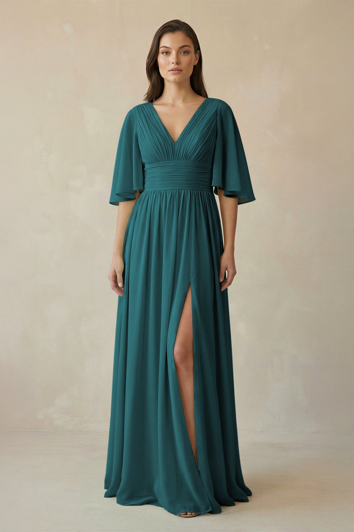 Half Sleeve V - Neck A - Line Chiffon Bridesmaid Gown in Pine - SHE IS ME Bridesmaid Dresses