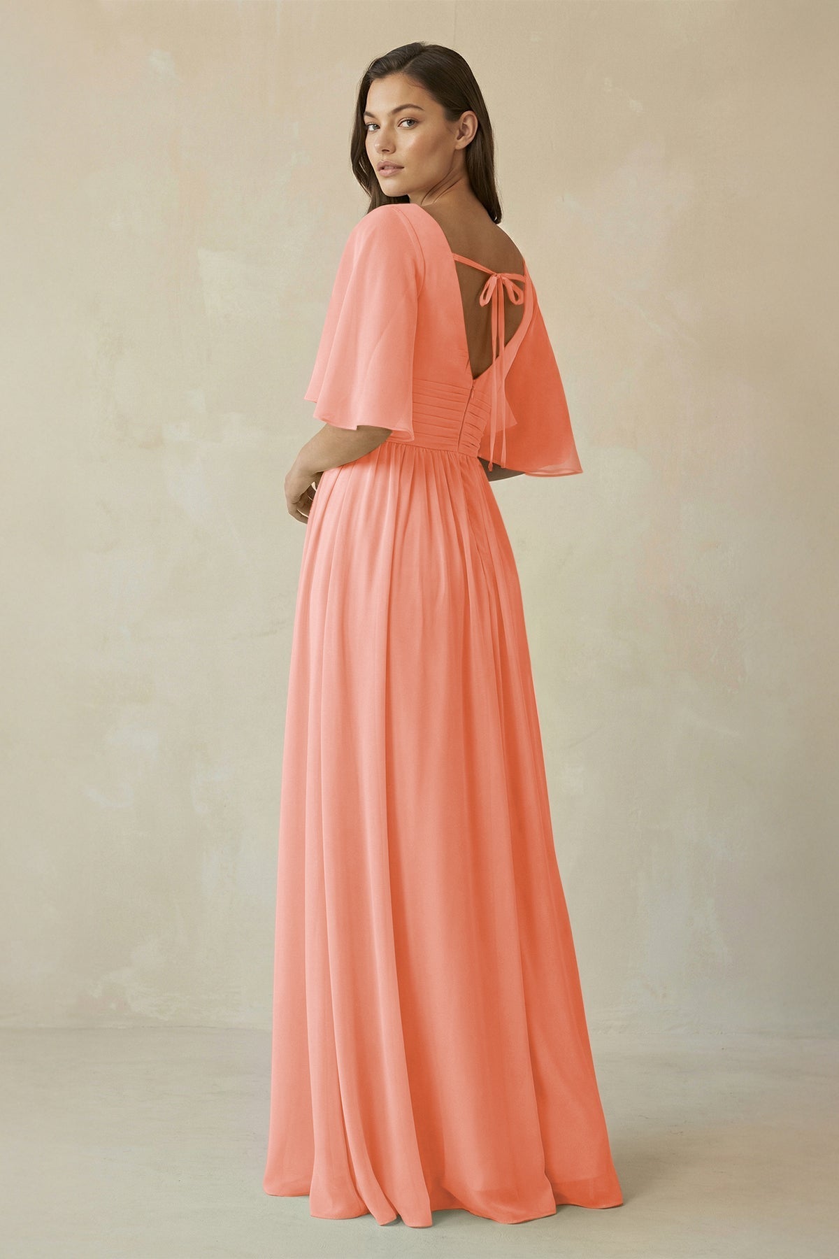 Half Sleeve V - Neck A - Line Chiffon Bridesmaid Gown in Rosette - SHE IS ME Bridesmaid Dresses