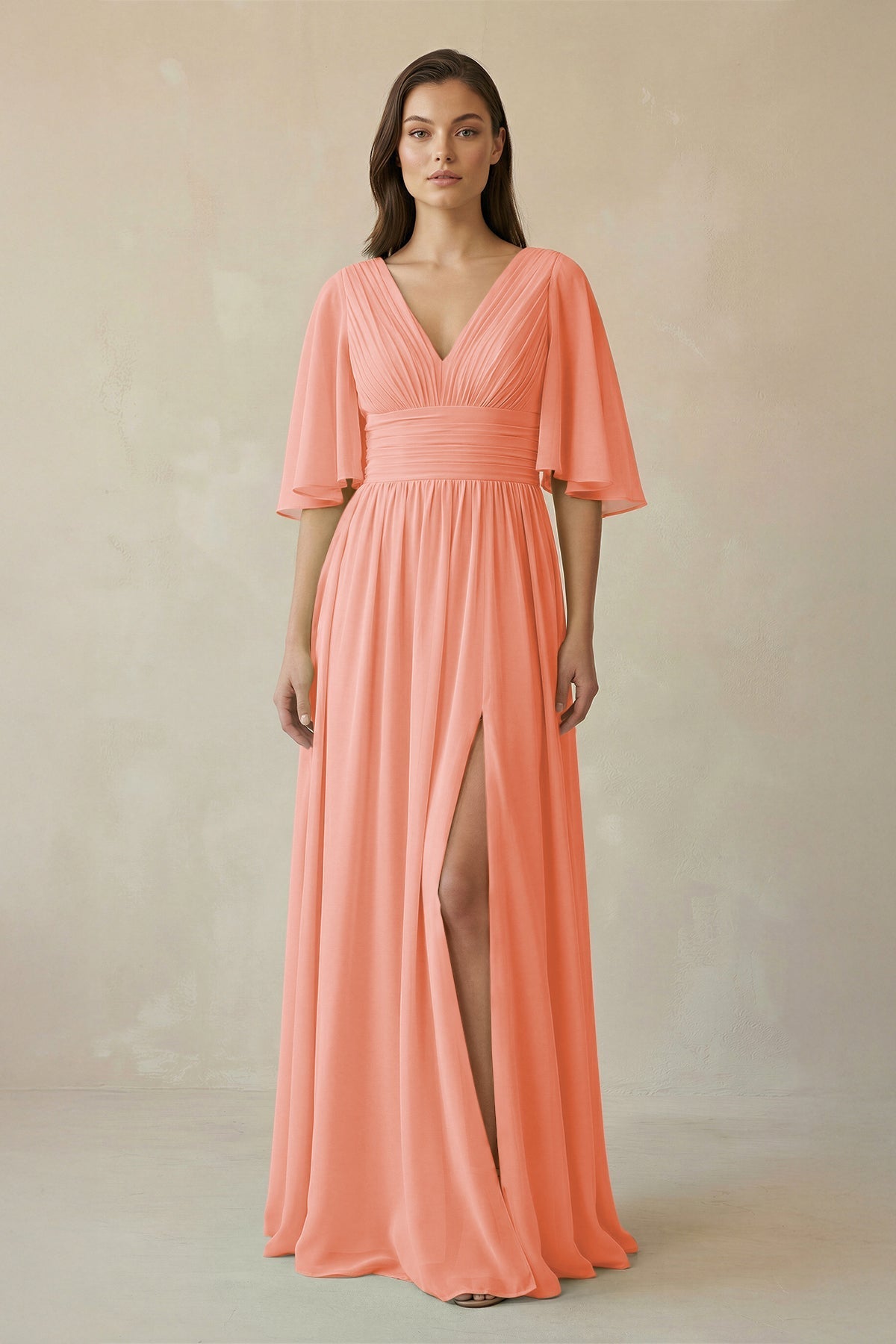 Half Sleeve V - Neck A - Line Chiffon Bridesmaid Gown in Rosette - SHE IS ME Bridesmaid Dresses