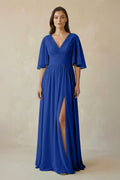 Half Sleeve V - Neck A - Line Chiffon Bridesmaid Gown in Royal Blue - SHE IS ME Bridesmaid Dresses