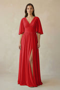 Half Sleeve V - Neck A - Line Chiffon Bridesmaid Gown in Ruby Red - SHE IS ME Bridesmaid Dresses