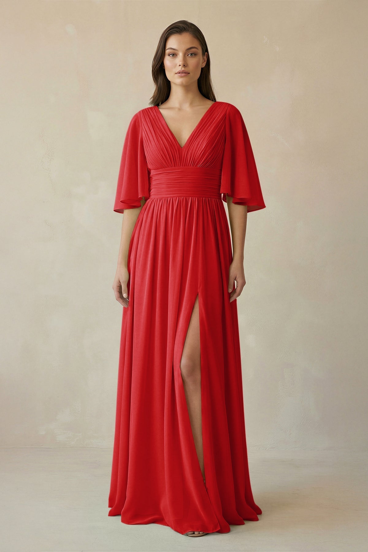 Half Sleeve V - Neck A - Line Chiffon Bridesmaid Gown in Ruby Red - SHE IS ME Bridesmaid Dresses