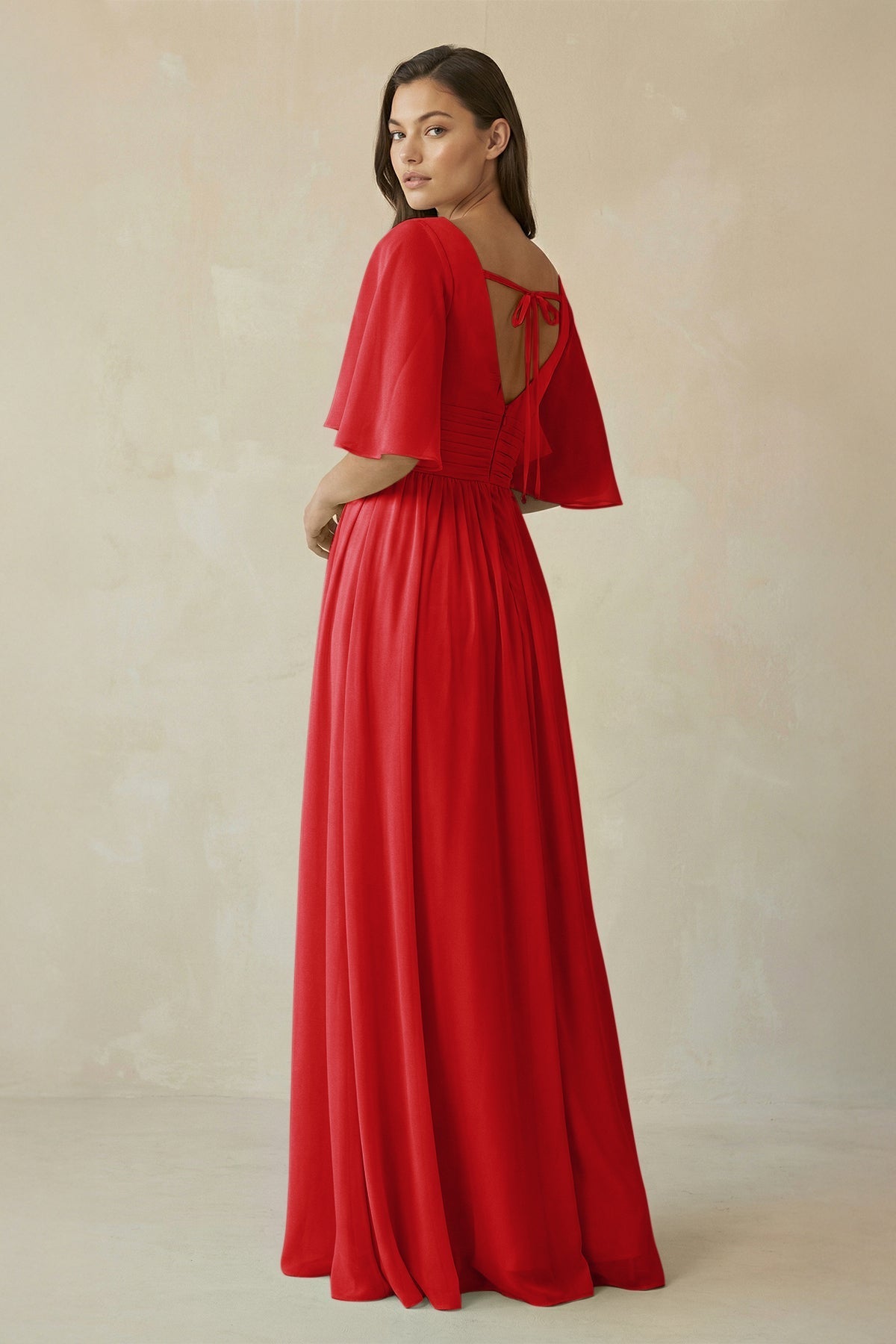 Half Sleeve V-Neck A-Line Chiffon Bridesmaid Gown in Ruby Red – SHEISME wholesale