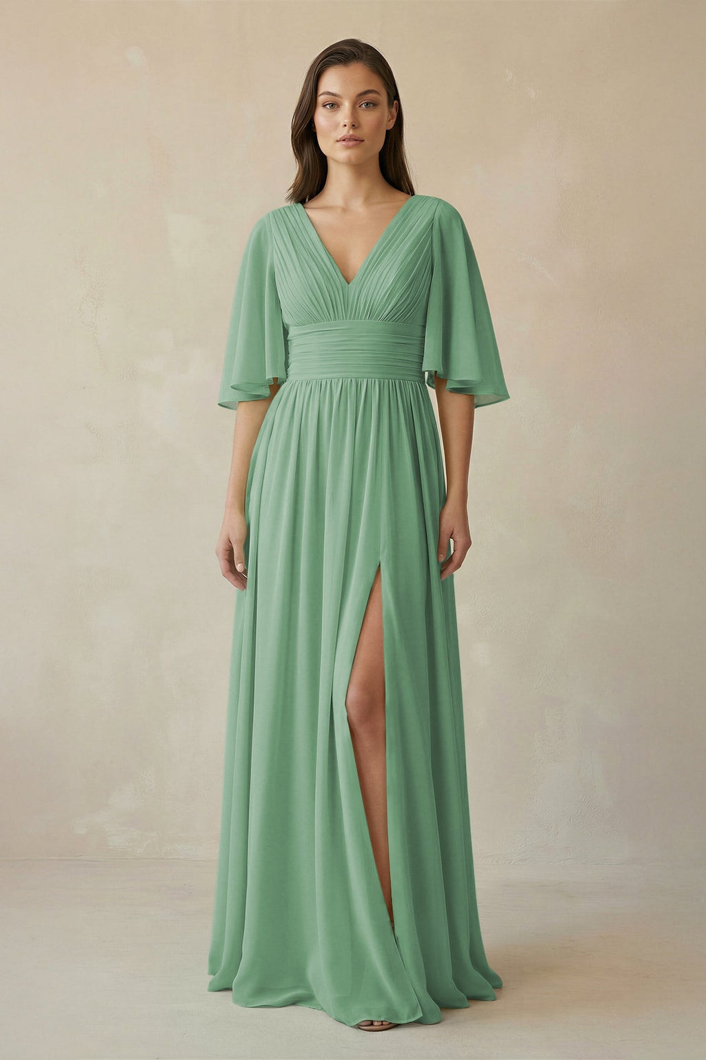 Half Sleeve V - Neck A - Line Chiffon Bridesmaid Gown in Sea Glass - SHE IS ME Bridesmaid Dresses