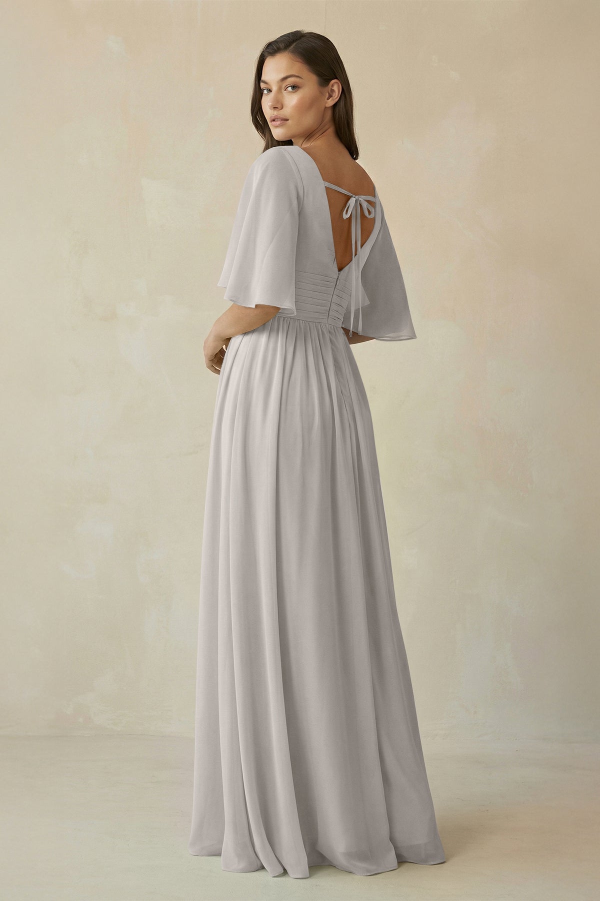 Half Sleeve V - Neck A - Line Chiffon Bridesmaid Gown in Silver - SHE IS ME Bridesmaid Dresses