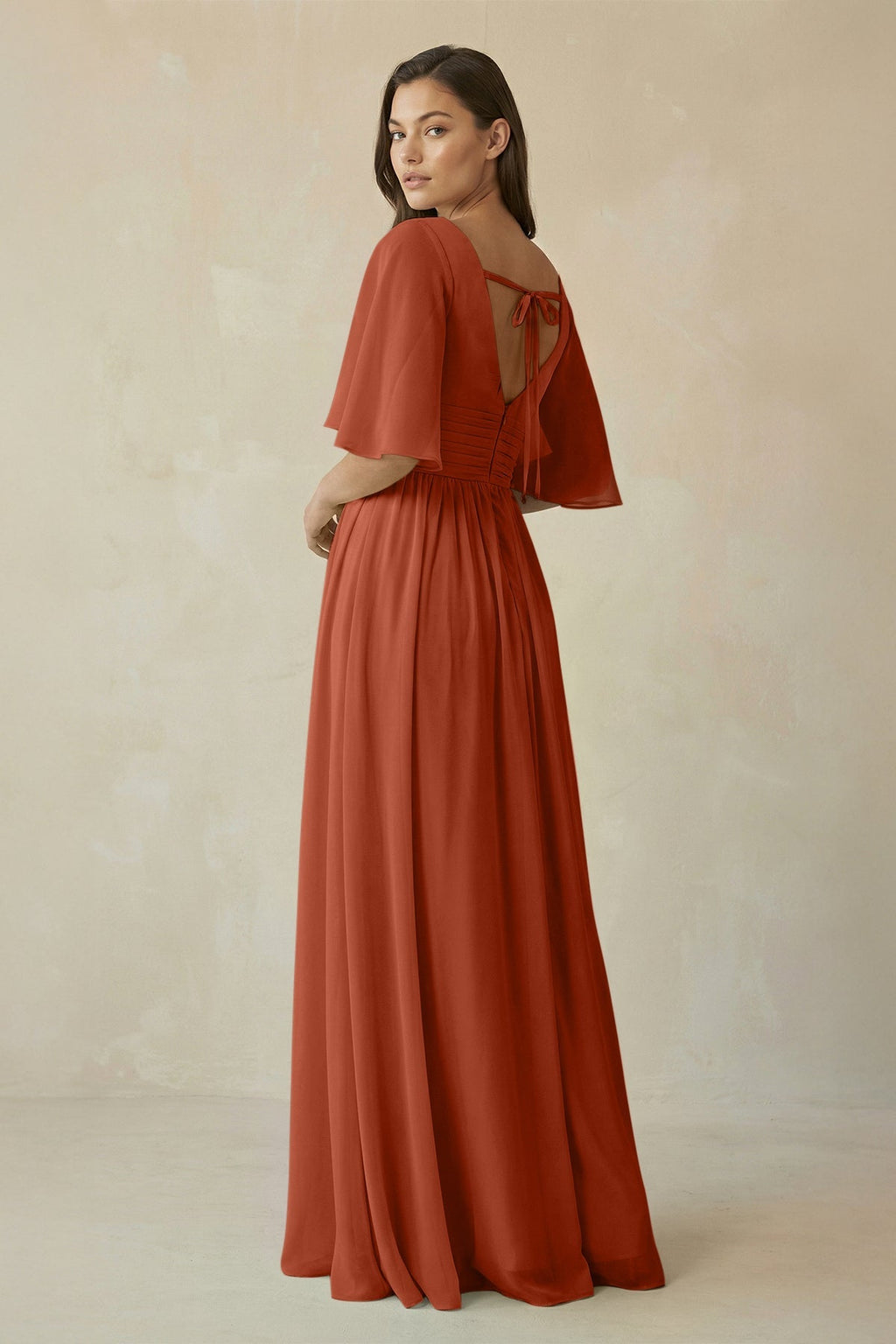 Half Sleeve V - Neck A - Line Chiffon Bridesmaid Gown in Spice - SHE IS ME Bridesmaid Dresses