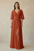 Half Sleeve V - Neck A - Line Chiffon Bridesmaid Gown in Spice - SHE IS ME Bridesmaid Dresses
