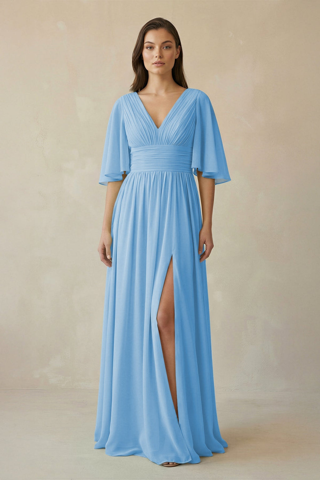 Half Sleeve V - Neck A - Line Chiffon Bridesmaid Gown in Steel Blue - SHE IS ME Bridesmaid Dresses