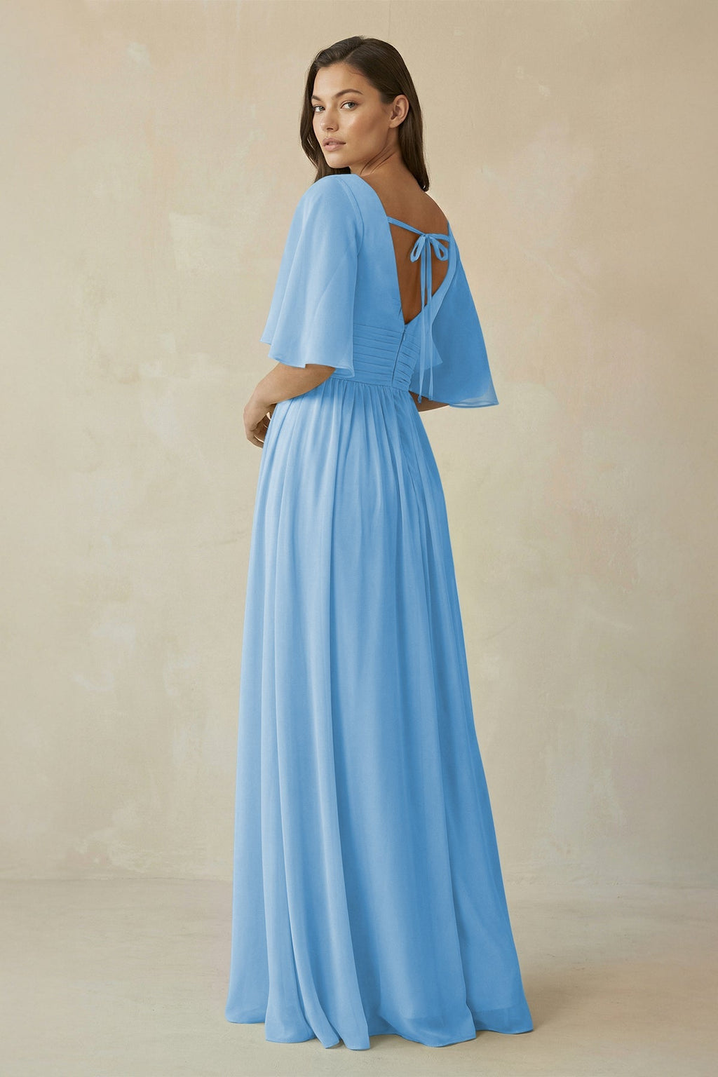 Half Sleeve V - Neck A - Line Chiffon Bridesmaid Gown in Steel Blue - SHE IS ME Bridesmaid Dresses