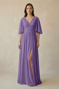 Half Sleeve V - Neck A - Line Chiffon Bridesmaid Gown in Tahiti - SHE IS ME Bridesmaid Dresses