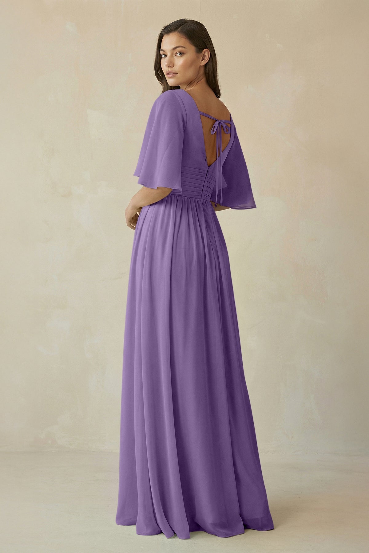 Half Sleeve V - Neck A - Line Chiffon Bridesmaid Gown in Tahiti - SHE IS ME Bridesmaid Dresses