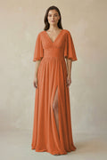 Half Sleeve V - Neck A - Line Chiffon Bridesmaid Gown in Terracotta - SHE IS ME Bridesmaid Dresses