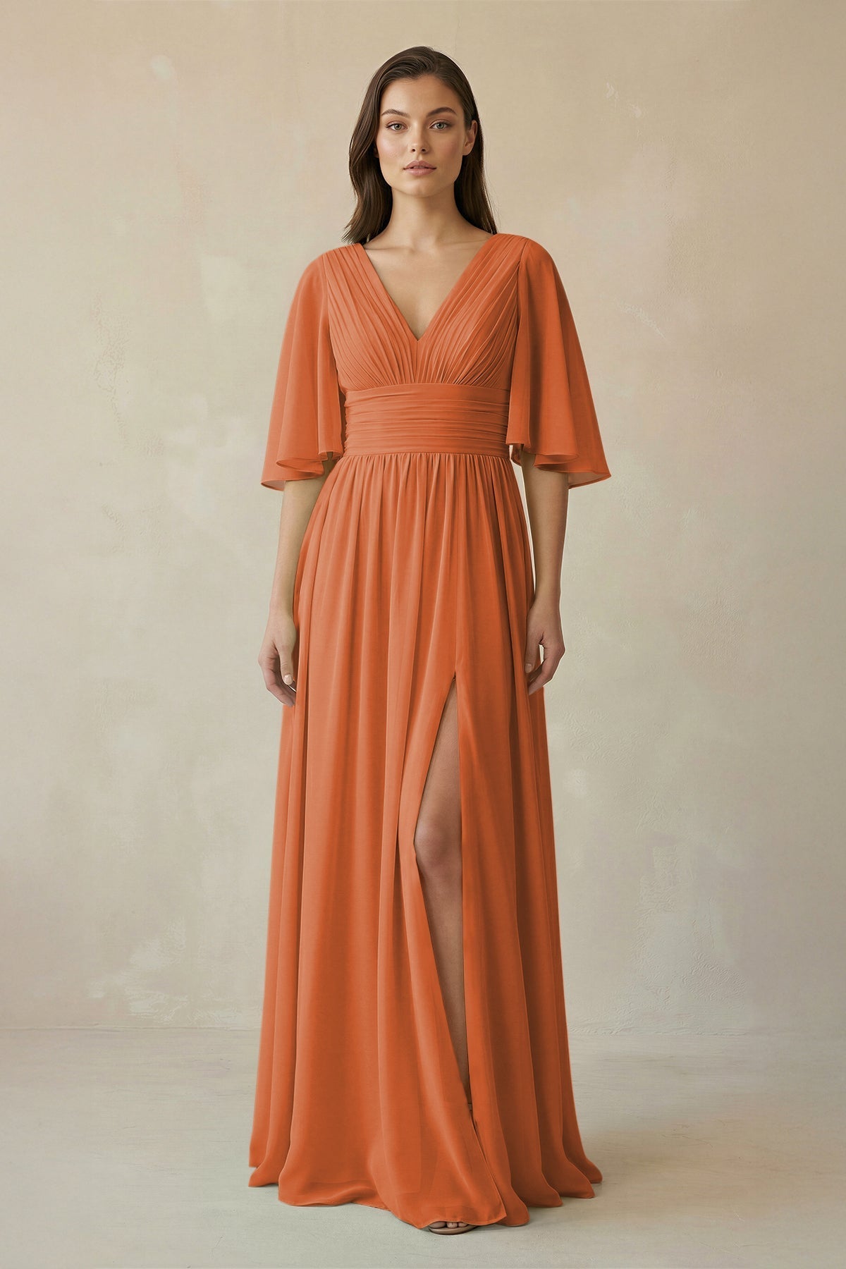Half Sleeve V - Neck A - Line Chiffon Bridesmaid Gown in Terracotta - SHE IS ME Bridesmaid Dresses