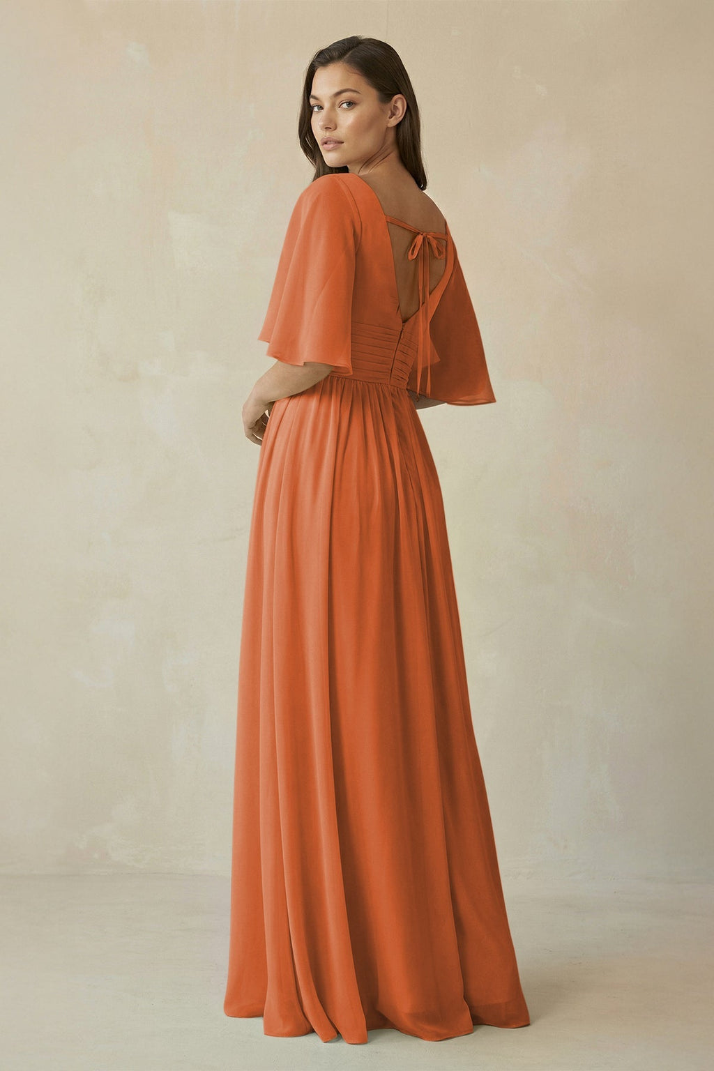 Half Sleeve V - Neck A - Line Chiffon Bridesmaid Gown in Terracotta - SHE IS ME Bridesmaid Dresses
