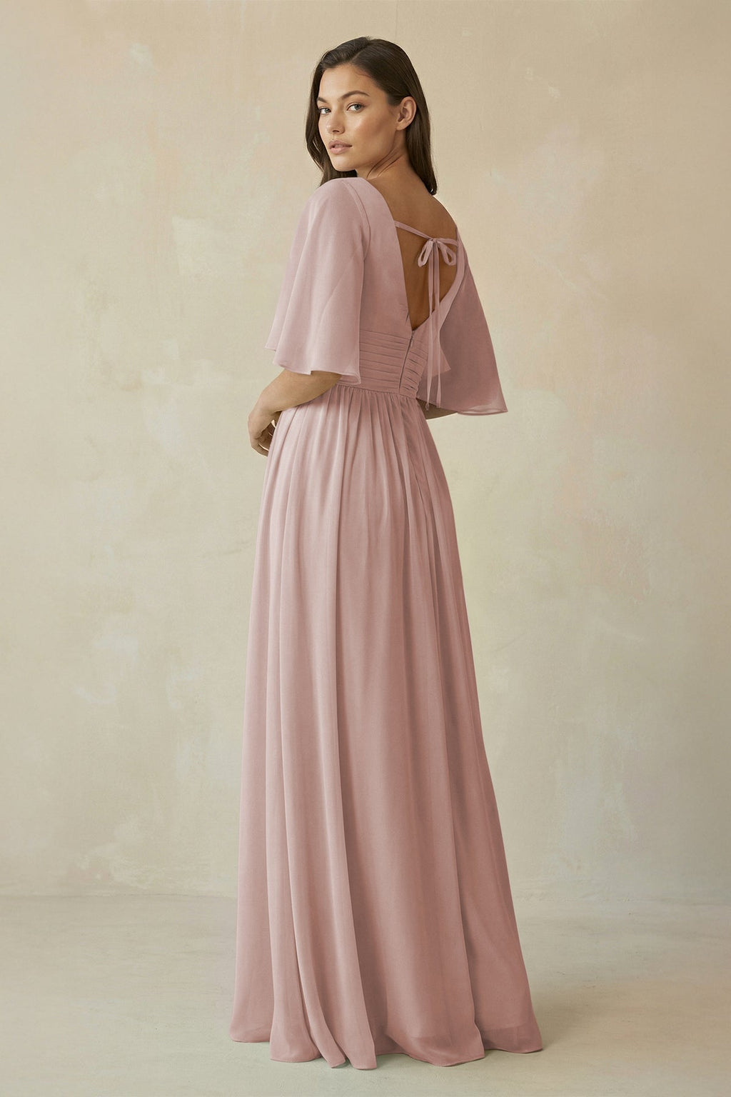 Half Sleeve V - Neck A - Line Chiffon Bridesmaid Gown in Toffee - SHE IS ME Bridesmaid Dresses