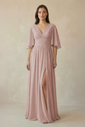 Half Sleeve V - Neck A - Line Chiffon Bridesmaid Gown in Toffee - SHE IS ME Bridesmaid Dresses