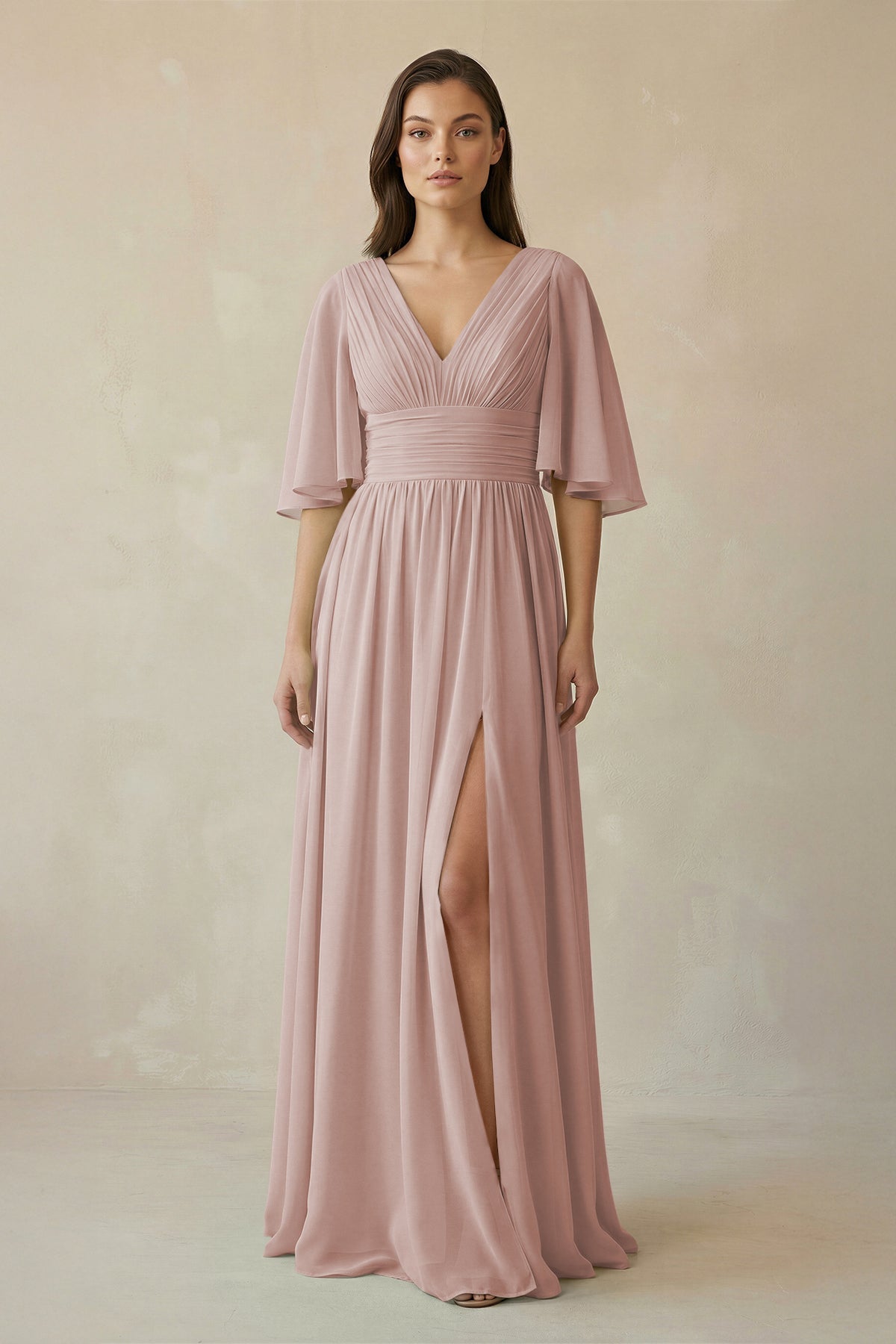 Half Sleeve V - Neck A - Line Chiffon Bridesmaid Gown in Toffee - SHE IS ME Bridesmaid Dresses