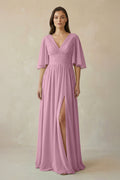 Half Sleeve V - Neck A - Line Chiffon Bridesmaid Gown in Vintage Mauve - SHE IS ME Bridesmaid Dresses