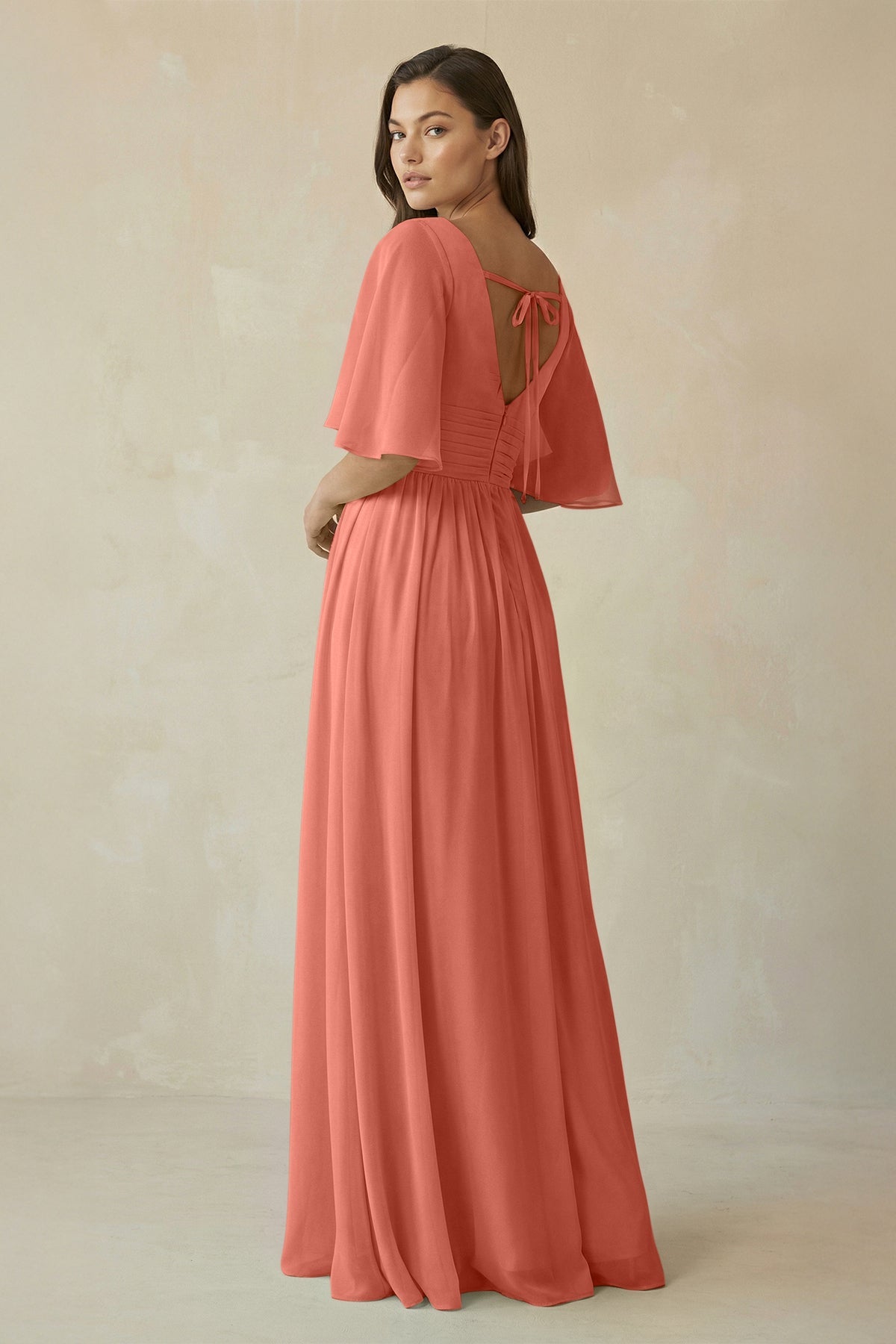 Half Sleeve V - Neck A - Line Chiffon Bridesmaid Gown in Wild Rose - SHE IS ME Bridesmaid Dresses