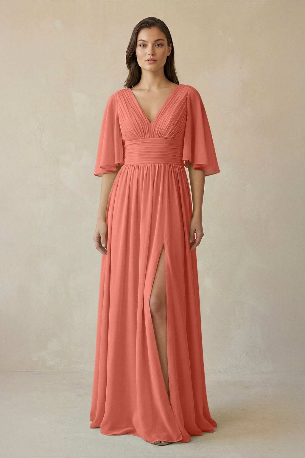 Half Sleeve V - Neck A - Line Chiffon Bridesmaid Gown in Wild Rose - SHE IS ME Bridesmaid Dresses