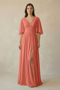 Half Sleeve V - Neck A - Line Chiffon Bridesmaid Gown in Wild Rose - SHE IS ME Bridesmaid Dresses