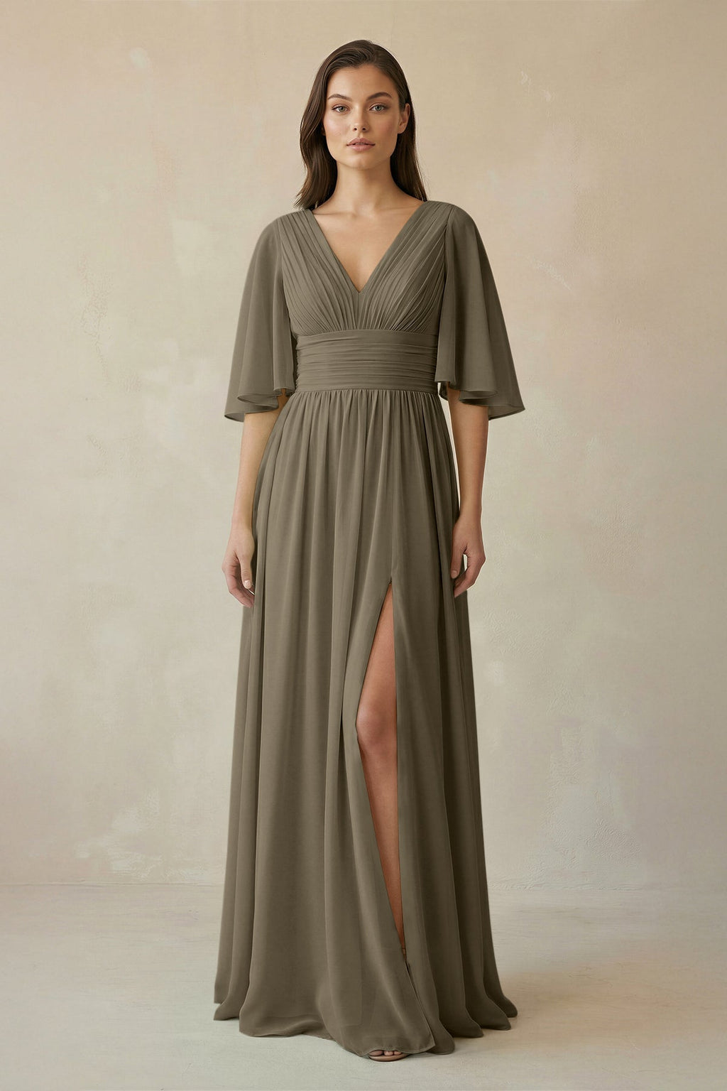 Half Sleeve V - Neck A - Line Chiffon Bridesmaid Gown in Willow Green - SHE IS ME Bridesmaid Dresses