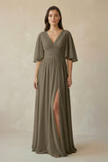 Half Sleeve V - Neck A - Line Chiffon Bridesmaid Gown in Willow Green - SHE IS ME Bridesmaid Dresses