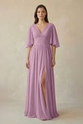 Half Sleeve V - Neck A - Line Chiffon Bridesmaid Gown in Wisteria - SHE IS ME Bridesmaid Dresses
