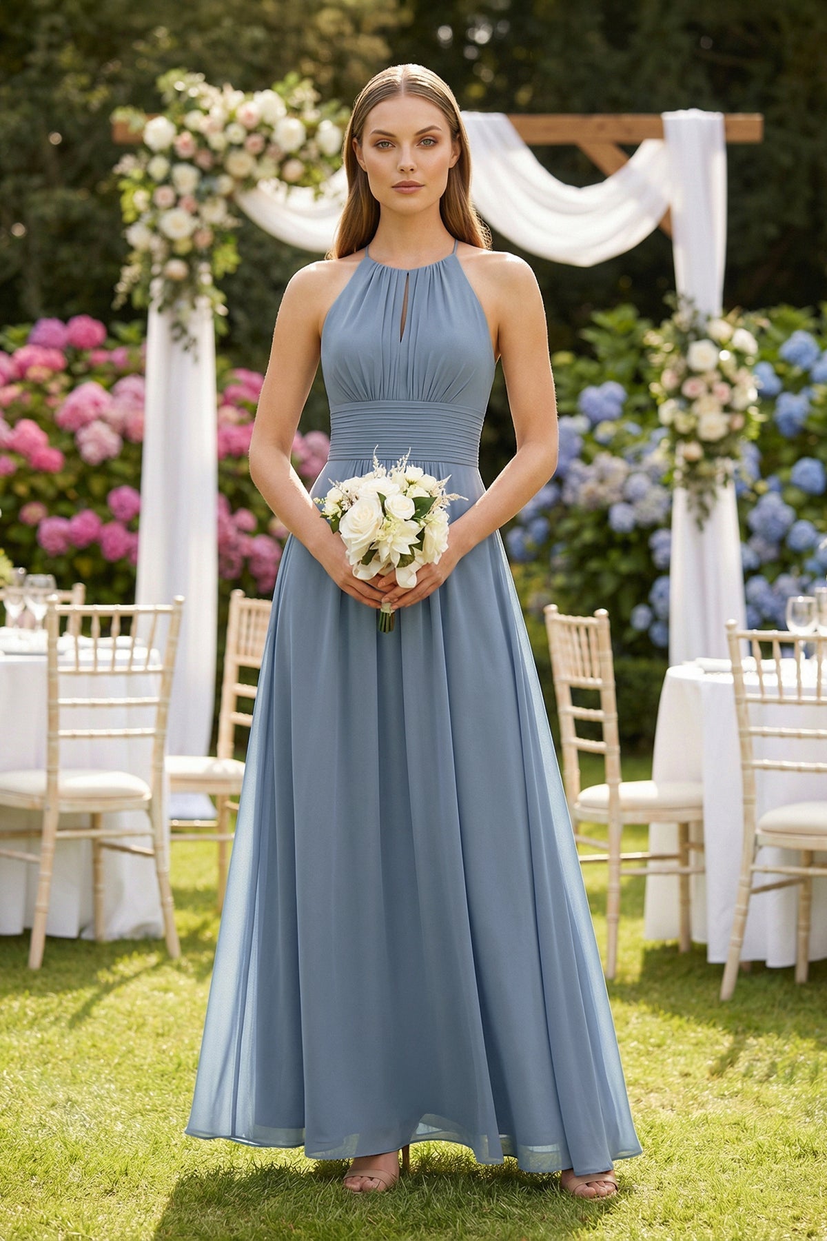 Halter A - Line Chiffon Ankle - Length Bridesmaid Dress - SHE IS ME Bridesmaid Dresses