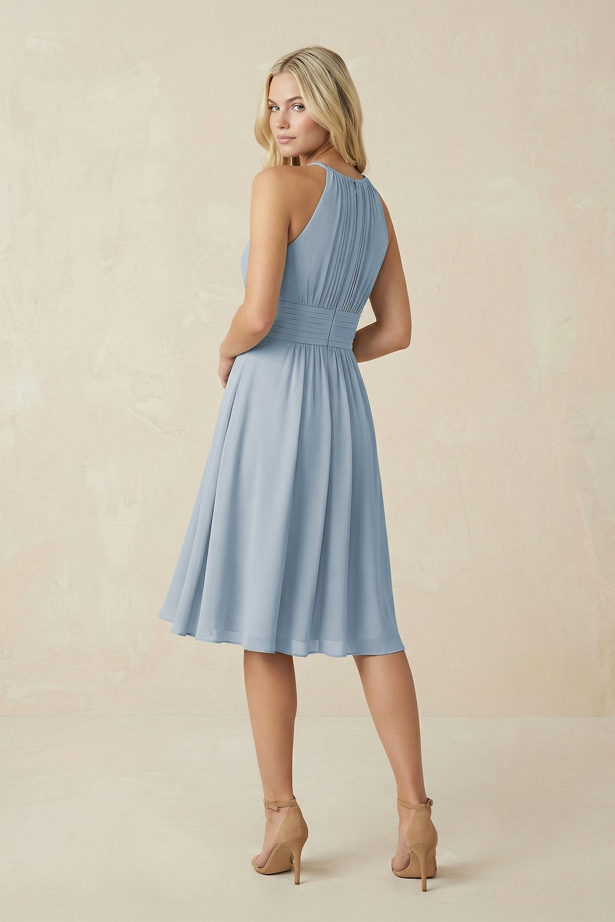 Halter A - Line Chiffon Midi Bridesmaid Dress - SHE IS ME Bridesmaid Dresses
