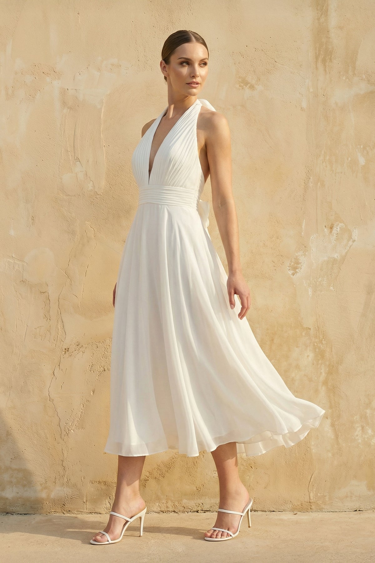 Halter A Line Chiffon Wedding Dress in White - SHE IS ME Wedding Dresses