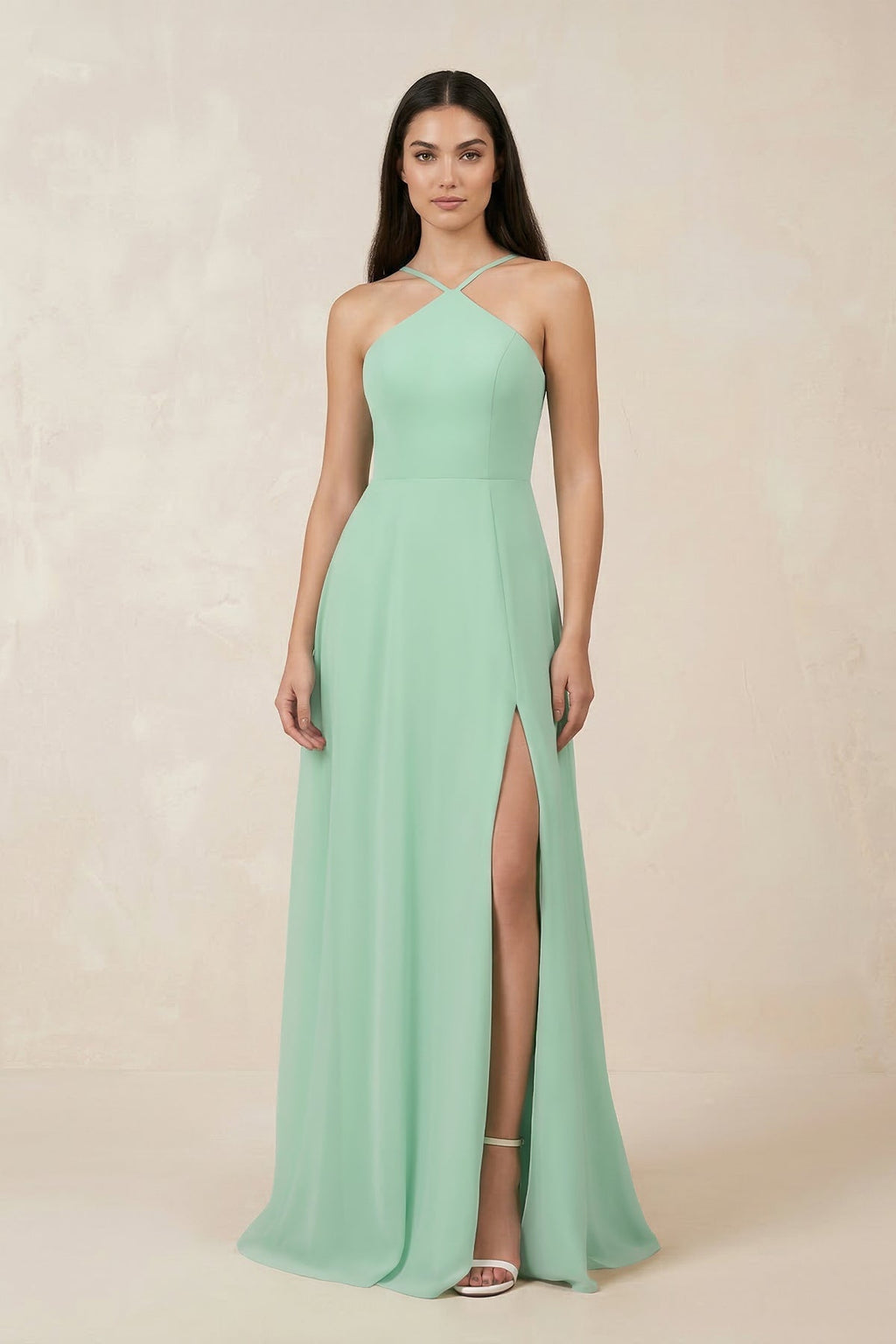 Halter Chiffon A-Line Bridesmaid Dress With Slit in Pale Pistachio - SHE IS ME BRIDESMAID DRESSES