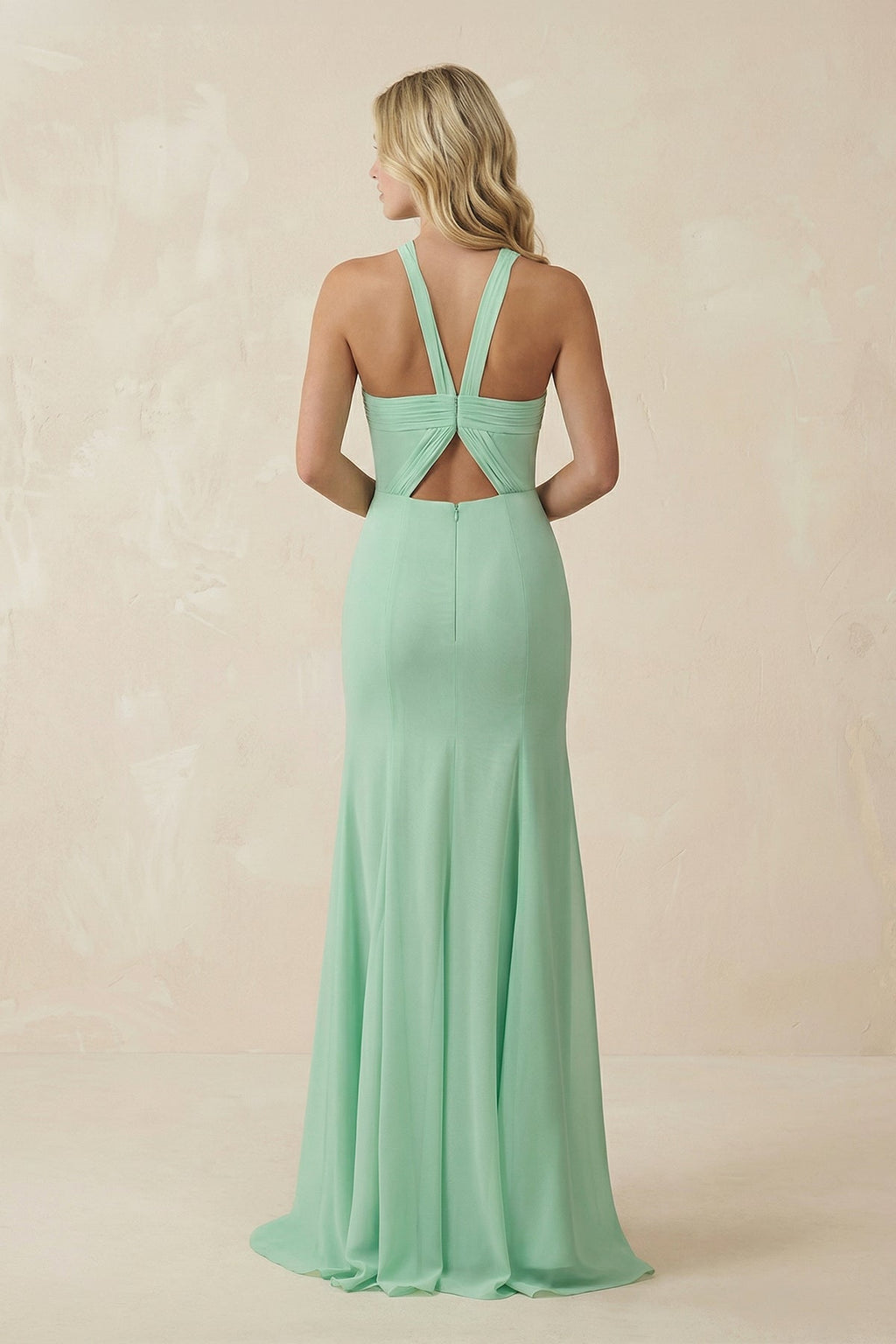 Halter Chiffon Mermaid Ruched Bridesmaid Dress in Pale Pistachio - SHE IS ME BRIDESMAID DRESSES