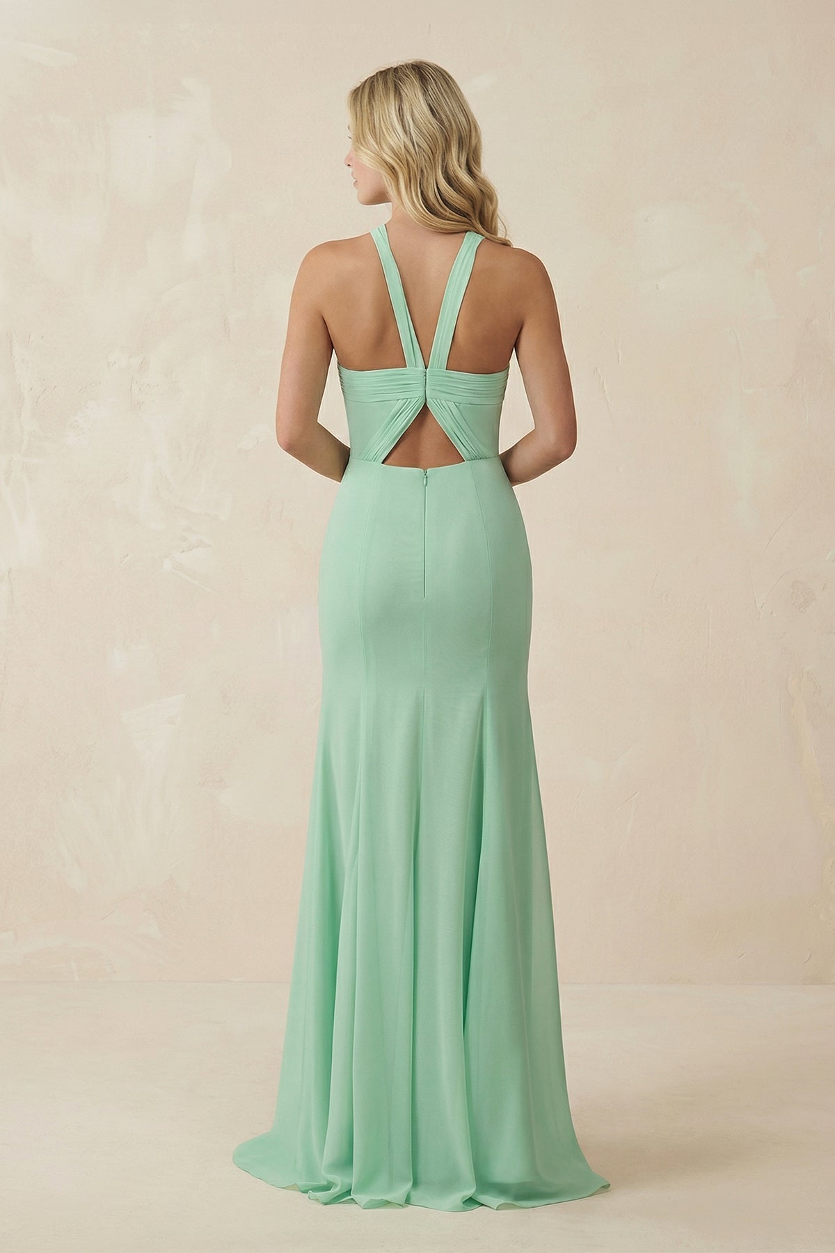 Halter Chiffon Mermaid Ruched Bridesmaid Dress in Pale Pistachio - SHE IS ME BRIDESMAID DRESSES
