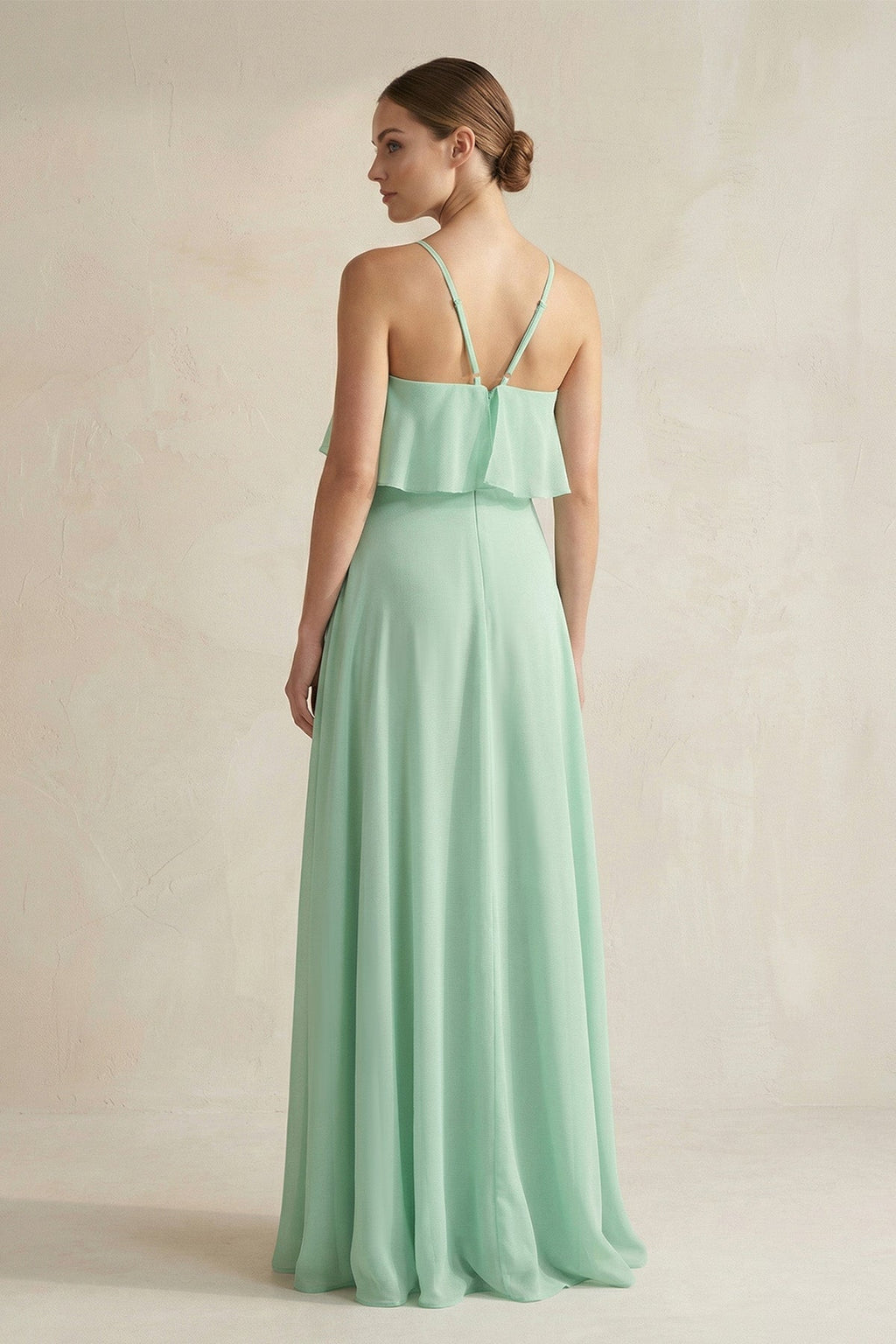 Halter Neck A-Line Chiffon Bridesmaid Dress with Keyhole in Pale Pistachio - SHE IS ME BRIDESMAID DRESSES