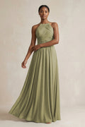 Halter Pleated Chiffon A - Line Bridesmaid Dress in Thyme - SHE IS ME Bridesmaid Dresses