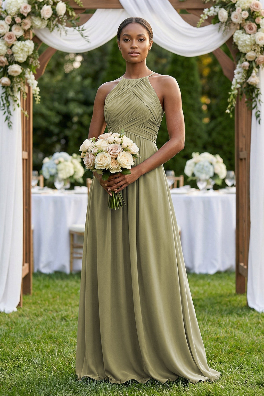 Halter Pleated Chiffon A - Line Bridesmaid Dress in Thyme - SHE IS ME Bridesmaid Dresses