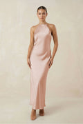Halter Satin Sheath Midi Bridesmaid Dress in Pale Blush - SHE IS ME Bridesmaid Dresses